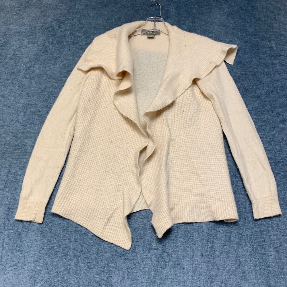 Ply Cashmere Cardigan Sweater Womens M Beige Tight Knit Shawl Collar Open Front